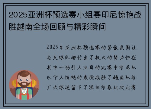 2025亚洲杯预选赛小组赛印尼惊艳战胜越南全场回顾与精彩瞬间